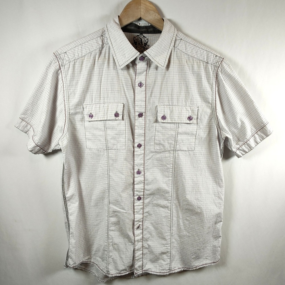 Attitude Gold‎ Button-Up Shirt Men's Large White Purple Short Sleeve